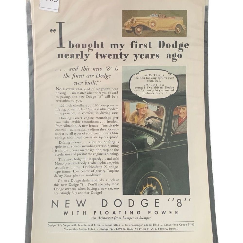 Vintage 1933 Dodge 8 With Floating Power Ad Advertisement